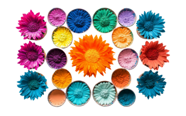 Colorful pichkaris arranged like fireworks bursting outward to symbolize the joyful spirit of the Holi festival isolated on transparent background PNG