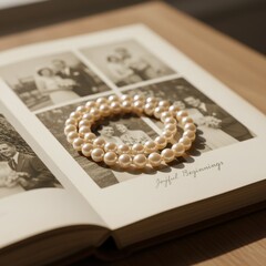 Elegant Wedding Nostalgia: A String of Pearls Graces a Vintage Photo Album Labeled Joyful Beginnings, Recalling Treasured Moments and Everlasting Love