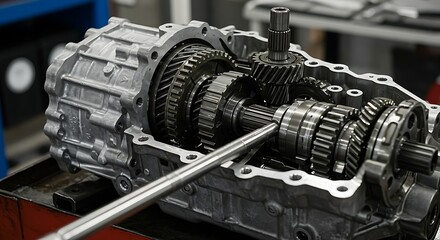 Detailed view of a complex transmission gear assembly in a workshop setting