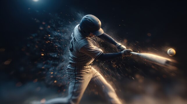Dynamic baseball player strikes glowing ball with energy in cinematic scene