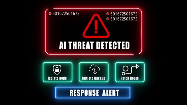 ai threat detected response notification on digital interface in data center server room with isolate node initiate backup patch route options. glowing neon lights cybersecurity hacking Warning - Powered by Adobe