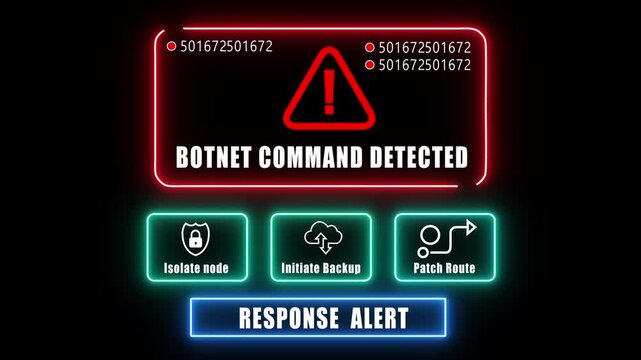 botnet command detected response notification on digital interface in data center server room with isolate node initiate backup patch route options. glowing neon lights cybersecurity hacking Warning