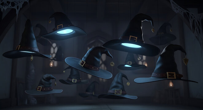 A spooky gathering of witch hats with glowing accents in a dimly lit halloween setting ai generated