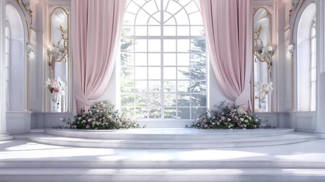 Elegant Interior Design of a Luxurious Hall with Large Windows and Floral Decorations Bathed in Natural Light