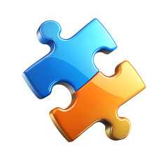 Obraz premium Two interlocking puzzle pieces blue and orange connection isolated on a transparent background