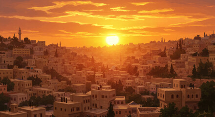Panoramic view of Amman city at sunset with traditional stone buildings on hills and warm golden sky