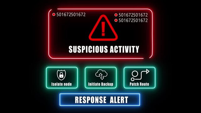 suspicious activity response notification on digital interface in data center server room with isolate node initiate backup patch route options. glowing neon lights cybersecurity hacking Warning