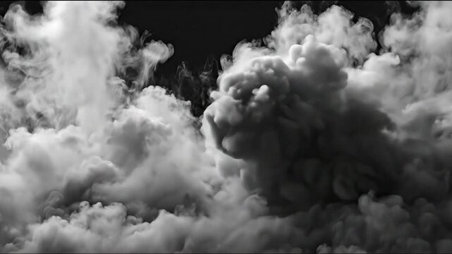 Voluminous clouds billow across the frame, with dark background contrast and smoky tendrils