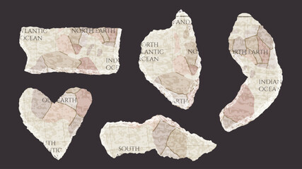 Set of rip vintage map of world with europe. Torn paper for scrapbook