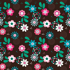 Seamless vector floral pattern. Repeating print with pink, blue and white flowers, hearts and dots on a brown background. Patchwork style textile print.