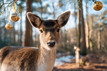 Fototapeta premium A charming deer portrait in a winter forest with Christmas ornaments hanging above, creating a festive atmosphere.