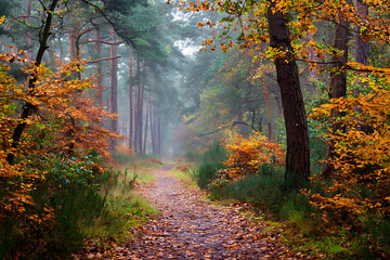 Autumn forest path with colorful foliage and misty atmosphere, creating a serene and picturesque natural landscape.