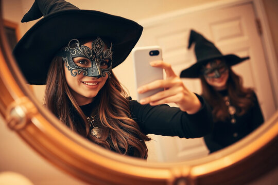 Two women dressed as witches pose for selfies, wearing striking masks and hats. They enjoy Halloween festivities in a warm, inviting room with a mirror reflecting their fun - Powered by Adobe