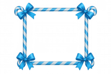 Candy cane frame with blue bows and striped pattern forming a festive holiday border on transparent background