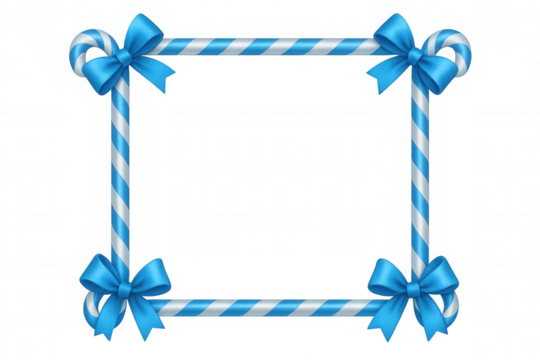 Candy cane frame with blue bows and striped pattern forming a festive holiday border on transparent background