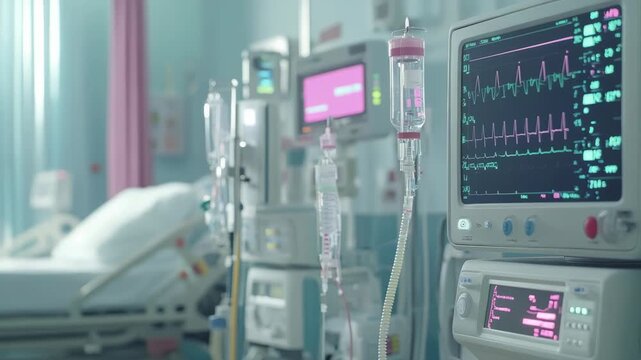 Intensive care unit room with empty hospital bed and modern monitoring equipment, EKG display showing heartbeat and vital signs, sterile clinical setting suggesting treatment and recovery