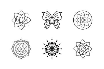 Tibetan mandala, Set of six ornamental mandala designs and a butterfly silhouette in line art style