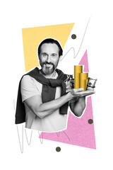 Vertical collage picture young smiling man holding golden coins cash successful trader investor money savings funds drawing background