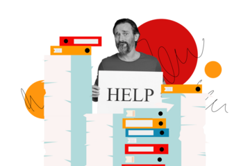 Creative drawing collage picture of tired confused mature man paper work busy documents freak bizarre unusual fantasy billboard