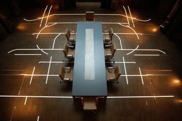 Illuminated paths guide connections in a modern conference room during a collaborative meeting