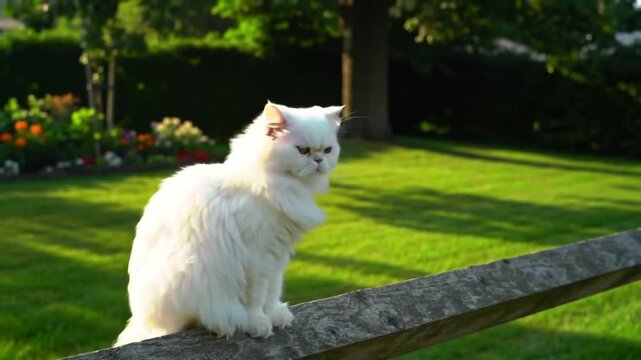 A fluffy white Persian cat with a grumpy expression sitting on a wooden fence in a lush green garden.