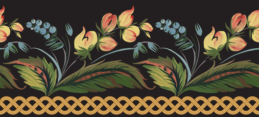 Floral vector seamless border pattern from golden frieze, yellow flowers and blue berries on a black background
