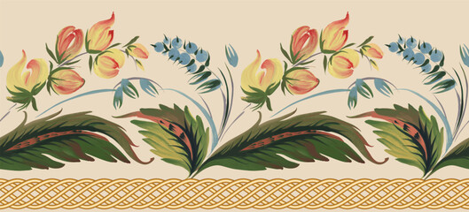 Floral vector seamless border pattern from golden frieze, yellow flowers and blue berries on a beige background