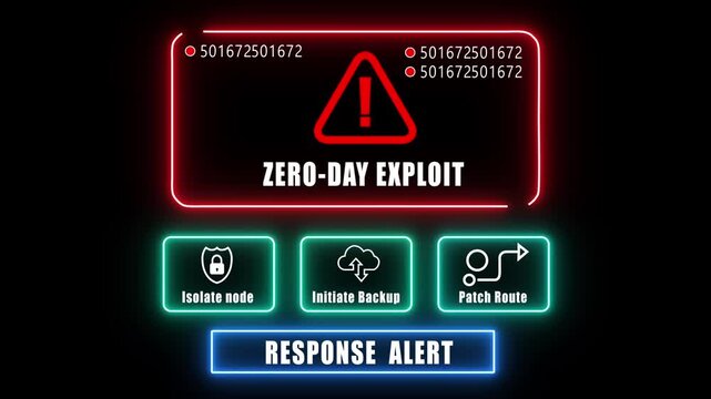 zero-day exploit response notification on digital interface in data center server room with isolate node initiate backup patch route options. glowing neon lights cybersecurity hacking Warning