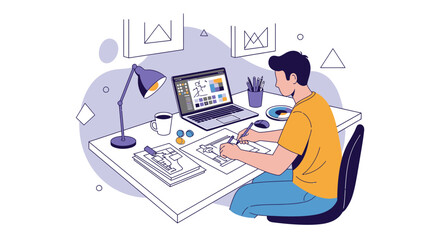 A creative designer working at his desk with a laptop and drawing materials at home or in the office