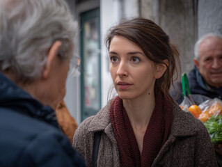 Fototapeta premium Young adult woman listening to senior man on street