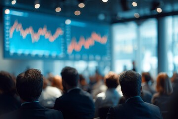 Obraz premium Professional speaker presenting data and insights to engaged audience in modern conference room with digital screens showcasing analytics and trends