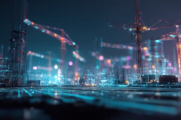 Futuristic Construction Site with Neon Elements and Circuit Patterns for Innovative Technology Background