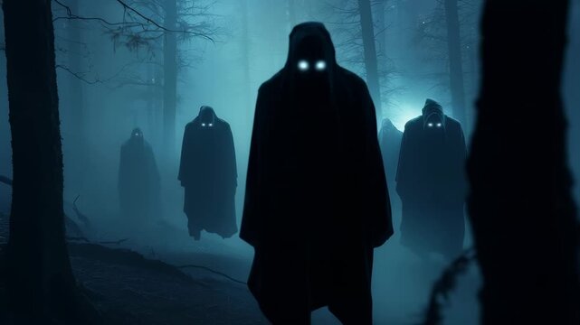 Enigmatic hooded silhouettes with luminescent white eyes materialize within dense, misty forest landscape. Supernatural entities positioned against haunting blue-green atmospheric woodland backdrop.