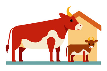 Obraz premium A domestic cow with calf in a barn