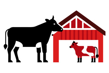 A domestic cow with calf in a barn