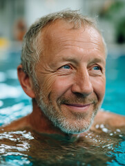 Mature man relaxing in swimming pool enjoying retirement