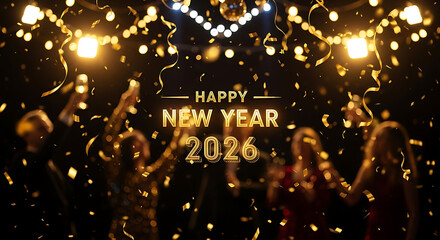 Happy ney year 2026  happy new year celebration party background with golden confetti and lights for year twenty twenty six