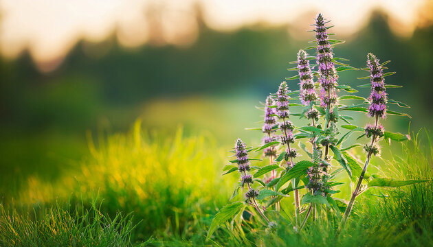 Close Up Of Motherwort Leonurus Cardiaca Medicinal Herb With Purple Flowers Blooming In Green Meadow