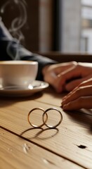 A cozy scene featuring two wedding rings resting on a wooden table, with a steaming cup of coffee and a hand reaching out, symbolizing love and connection.