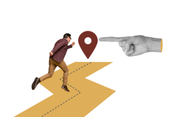 Composite photo collage of hurry man run relocation summer travel gps geometric direction route migration isolated on painted background