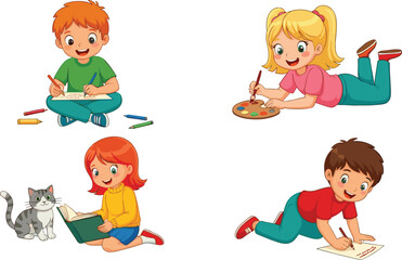 Happy children drawing, painting, reading, learning, with cat pet, colorful crayons, art creativity, school education, kids activity, playful fun
