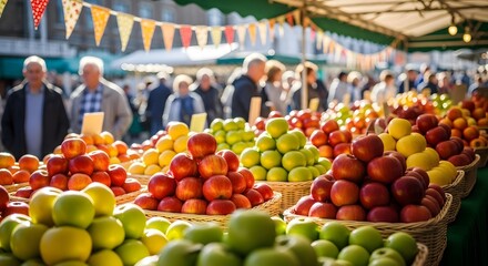 Fresh Apples Displayed in Baskets at Outdoor Farmers Market with People in Background - National Apple Day