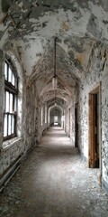 Fototapeta premium Empty, decaying hallway with arched ceiling
