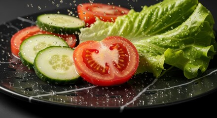 Fresh vegetables including tomatoes, cucumbers, and lettuce on a dark plate, splashed with water droplets for a vibrant, refreshing look.