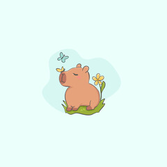 Capybara with flying butterflies kawaii illustration