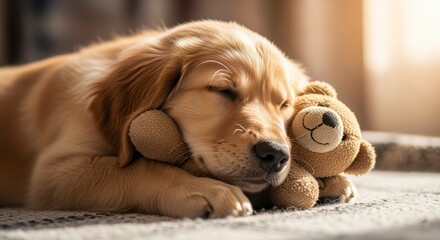 A golden retriever puppy sleeps peacefully, cuddling a plush teddy bear in a cozy indoor setting.
