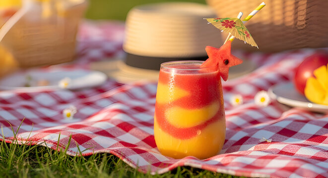 Refreshing Summer Drink With A Picnic Theme On A Checkered Blanket And Green Field