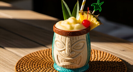 Refreshing Tiki Cocktail Decorated With Tropical Fruit And Adorned with Ornate Craftsmanship