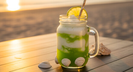 Refreshing Tropical Beverage In A Glass With Sea Shells At Sunset On The Beach