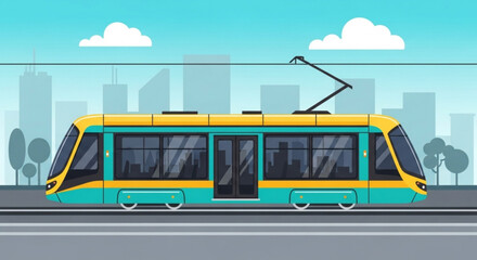 A modern tram with a yellow and blue color scheme, set against a cityscape background, perfect for urban transport themes © waqar Khan